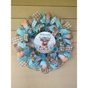 Highland Cow Welcome Wreath – Rustic Farmhouse Fall Design Wall or Door Decor